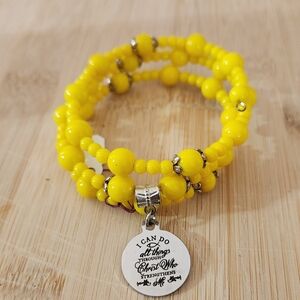 Hand Crafted Yellow Beaded Wrap Bracelet with Bible Verse Stainless Steel Charm